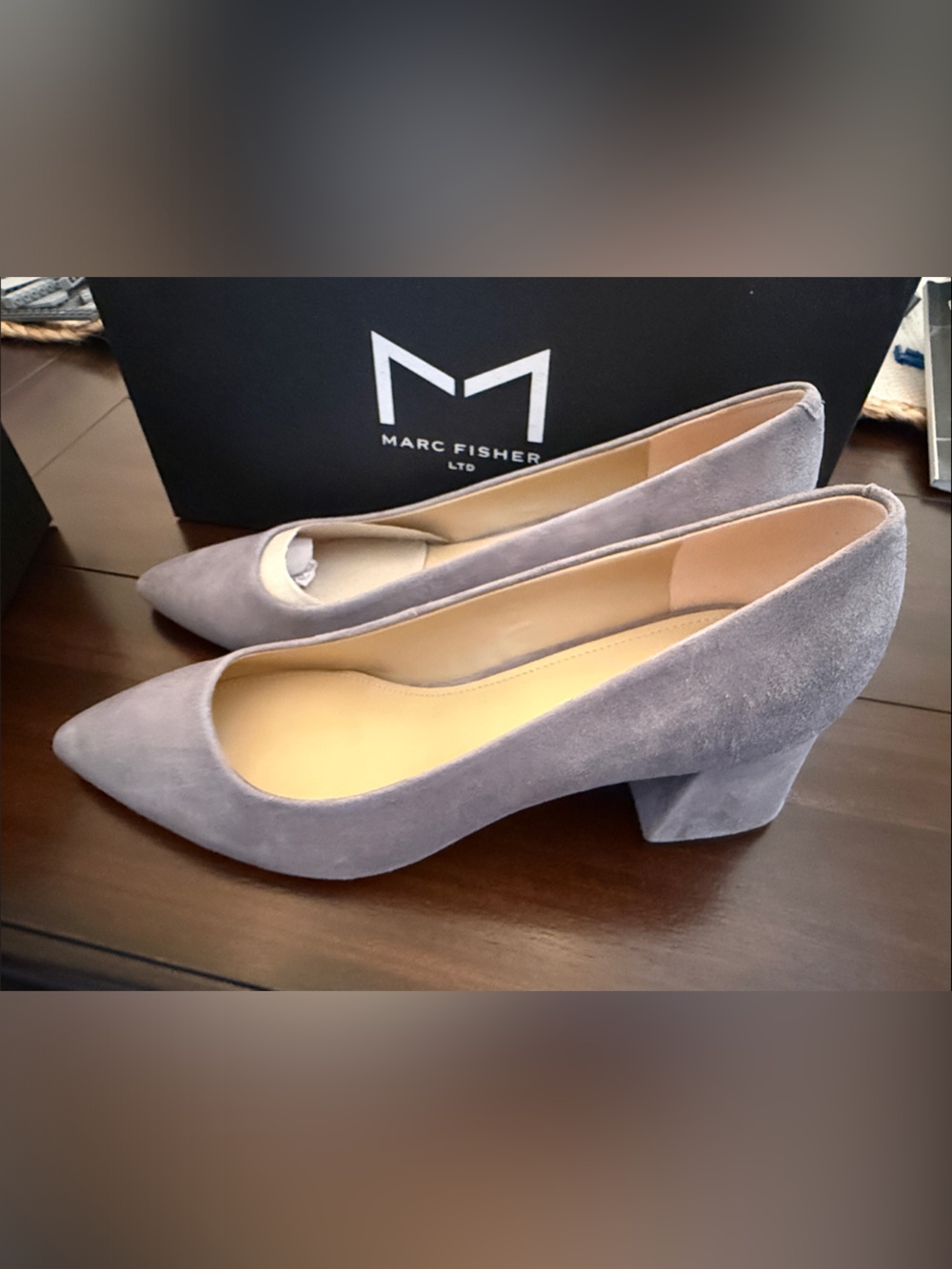 Marc Fisher Grey Pointed Toe Block Heel Pumps